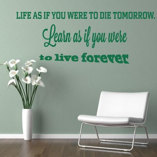 Primer izgleda zelene samolepilne stenske nalepke Life as if you were to die tomorrow na zeleni steni. Nalepka je napis, ki se glasi: Life as if you were to die tomorrow. Learn as if you were to live forever.