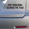 Primer izgleda črne samolepilne avto nalepke My driving scares me too! na avtu srebrne barve. Nalepka je napis, ki se glasi: My driving scares me too!